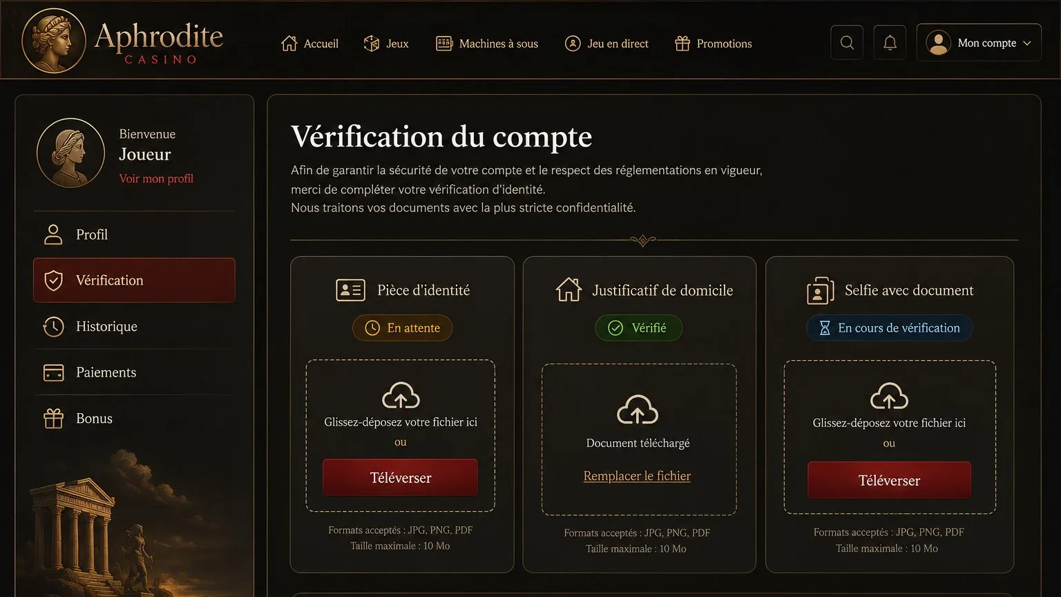 Vérification du compte sur Aphrodite Casino